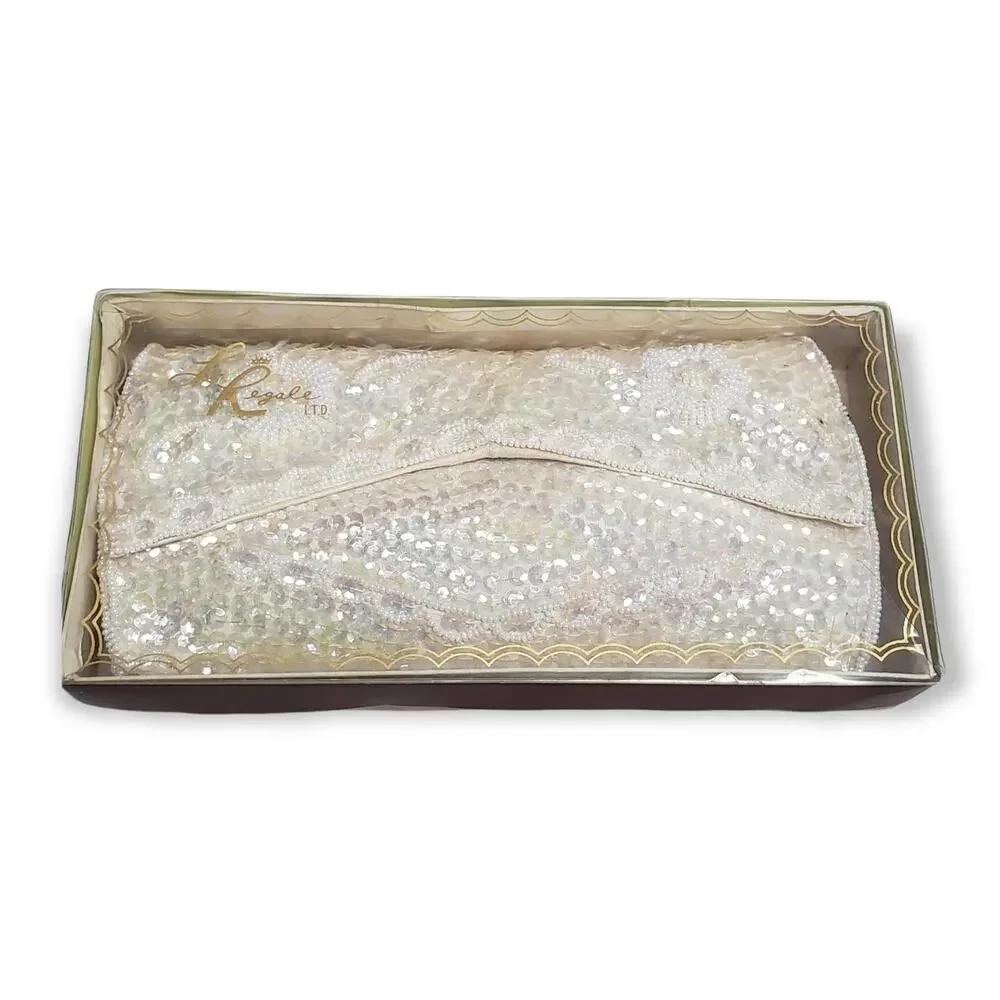 La Regal White Sequin Evening Clutch / Bag - Sequins Change Color w. Lighting